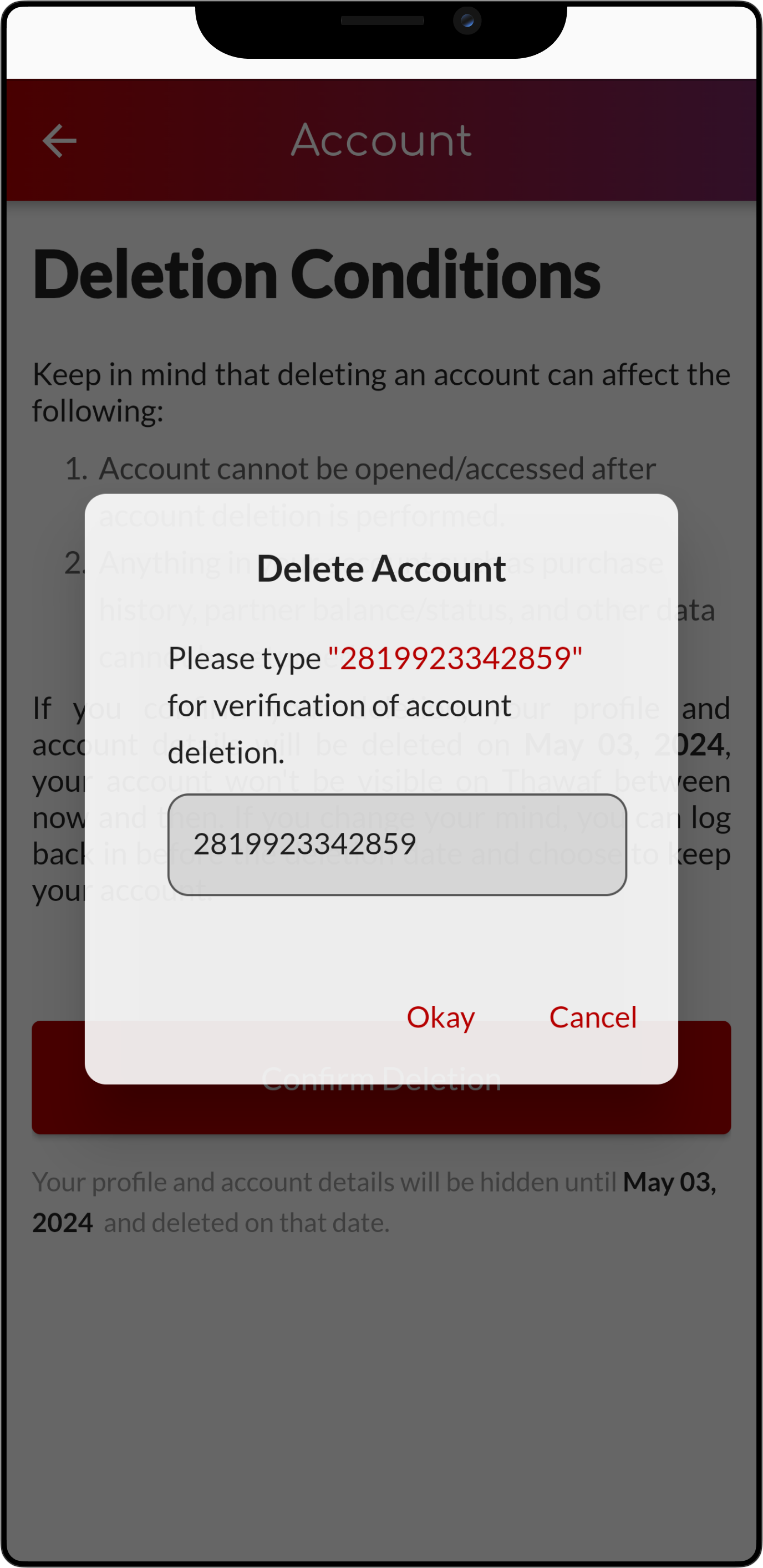 Deletion Confirmation section